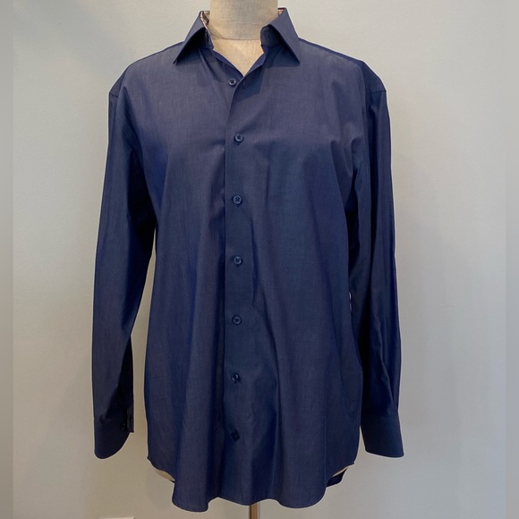 Lorenzo Uomo Mens Blue Dress Shirt w Contrasting Plaid Cuff Collar /16 32-33 - Picture 2 of 13